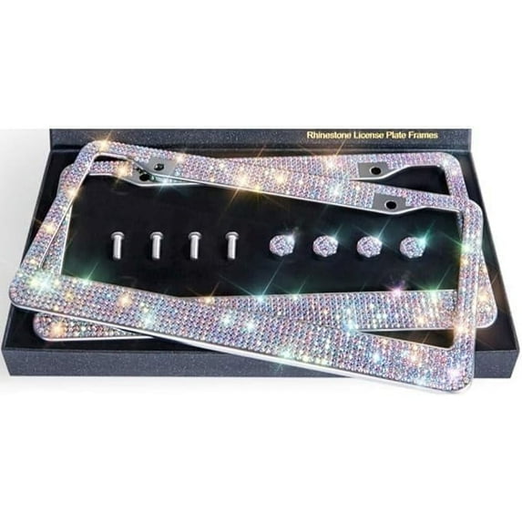 Bling License Plate Frame Rhinestone Premium Stainless Steel 2 Pack (color)