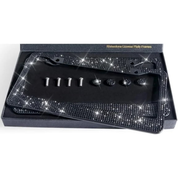 Bling License Plate Frame Rhinestone Stainless Steel for Women Black 2 Pack (black)