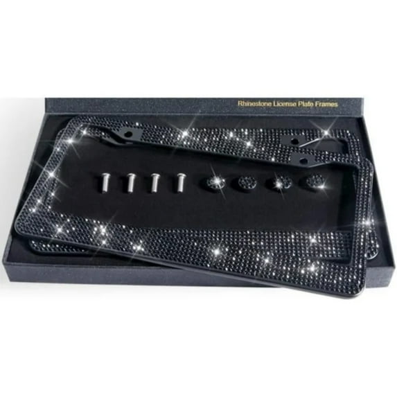 Bling License Plate Frame Rhinestone Stainless Steel for Women Black 2 Pack (black)