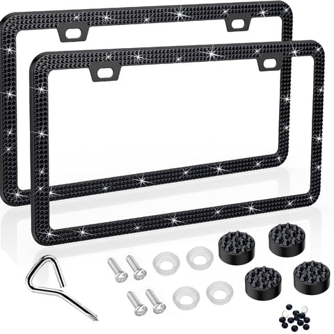 Bling License Plate Frame for Women,2 Pack Premium Stainless Steel Rhinestone License Plate Holder,Handmade Glitter Crystal Diamond Girl Lincense Plate Tag Cover,Bedazzled Sparkly-Black