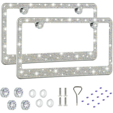 2PCS Bling License Plate Frames With Crystals - Sparkly Diamond Plate Holders With Glitter Screw Caps