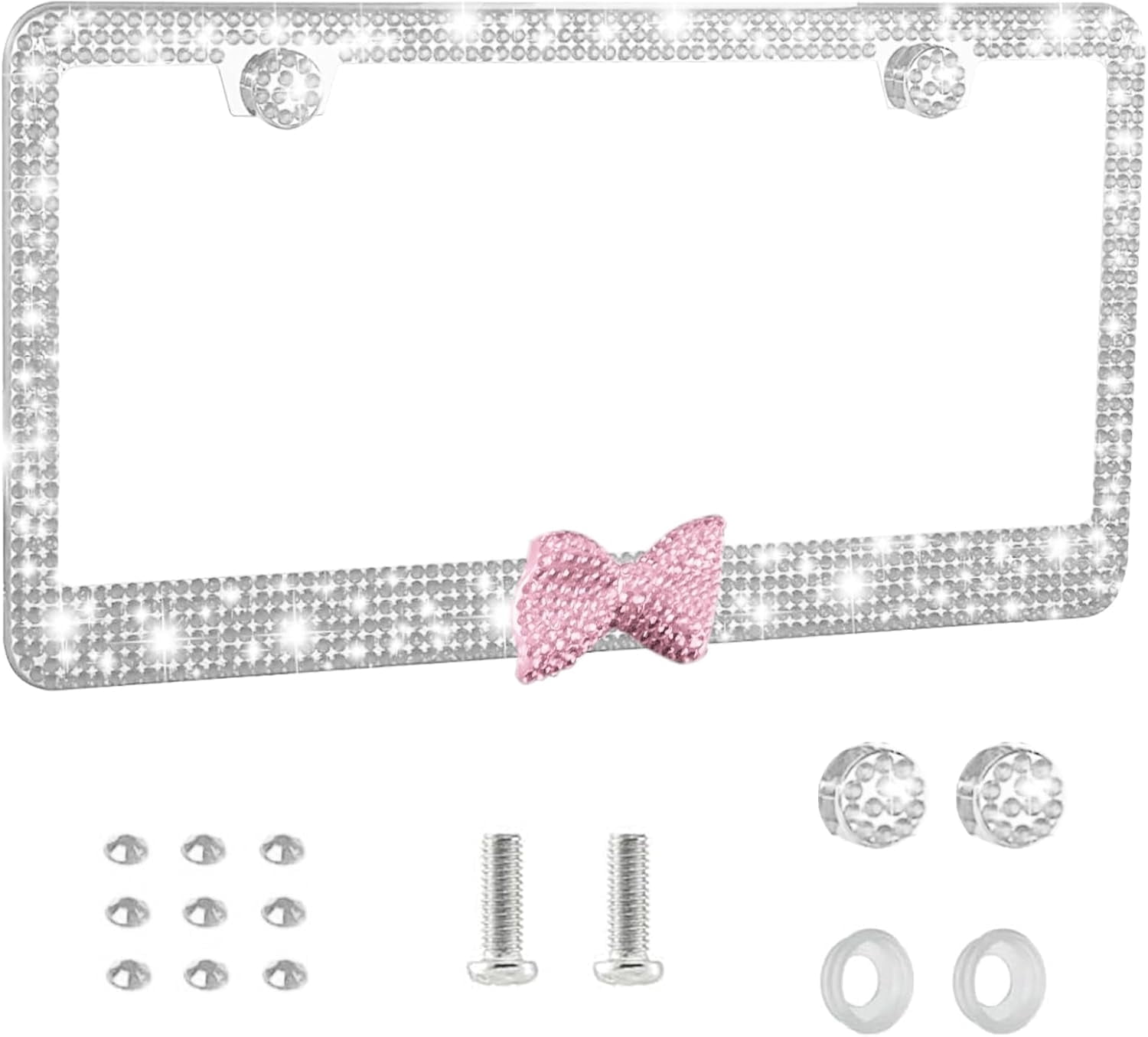 Bling License Plate Frame for Women - Sparkly Diamond Car Tag Cover with Rhinestone Crystals &amp; Gift Bow, Stainless Steel Luxury Car Accessories for Her (White + Pink Bow) deal from Walmart