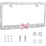 Bling License Plate Frame for Women - Sparkly Diamond Car Tag Cover with Rhinestone Crystals & Gift Bow, Stainless Steel Luxury Car Accessories for Her White + Pink Bow