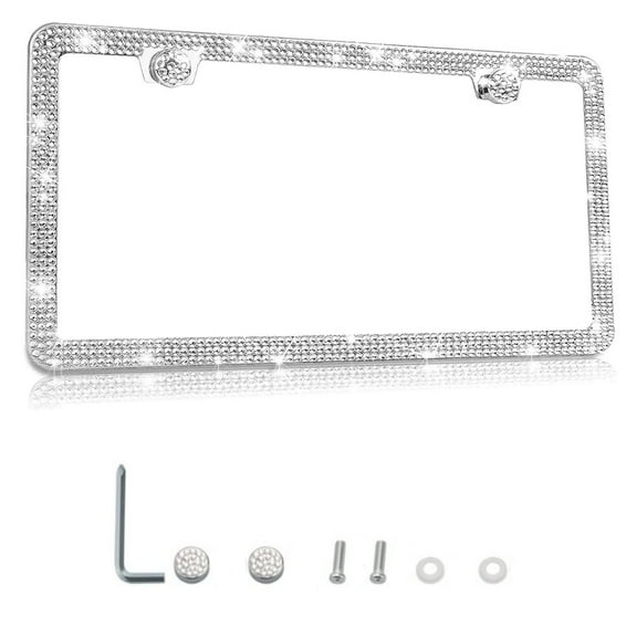 Bling License Plate Frame for Women, Topboutique Rhinestone License Plate Holder, Stainless Steel Car License Plate Cover, Handmade Glitter Diamond Girl License Plate Frame, White