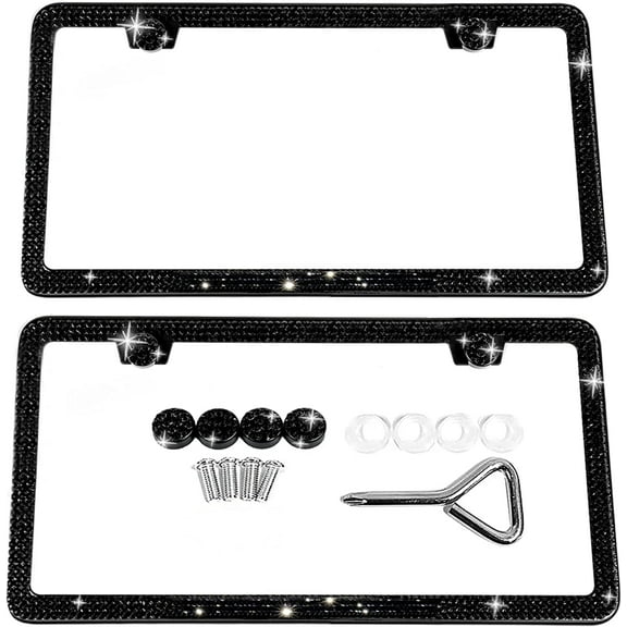 Bling License Plate Frame for Women 2 Pack Sparkly License Plate Frames Bedazzled Diamond Rhinestone Crystals (Black)