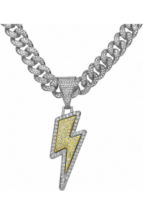 Bling Lightning Bolt CZ Iced Out Necklace for Men,Fake Diamond Thick Cuban Link Chain Rapper Hip Hop Custume Jewelry 18K Gold/Platinum Plated with Sparkly Lightning Charms