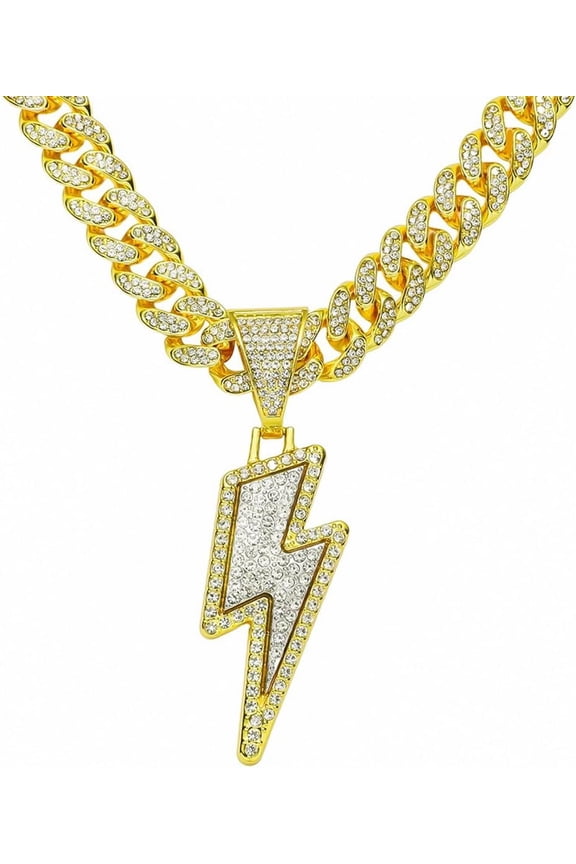 Bling Lightning Bolt CZ Iced Out Necklace for Men,Fake Diamond Thick Cuban Link Chain Rapper Hip Hop Custume Jewelry 18K Gold/Platinum Plated with Sparkly Lightning Charms