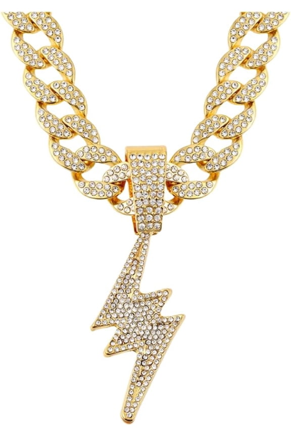 Bling Lightning Bolt CZ Iced Out Necklace for Men,Fake Diamond Thick Cuban Link Chain Rapper Hip Hop Custume Jewelry 18K Gold/Platinum Plated with Sparkly Lightning Charms