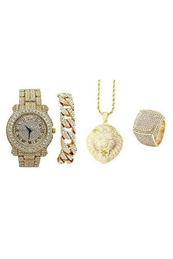 Bling Bling Lion King Hip Hop Pendant - Luxury Watch Covered with Crystal Clear Rhinestones - Iced Cuban Bracelet & Bling Ring Gift Set - Shine Like a Celebrity (9, Gld L0504 Lion King 4pc Set)