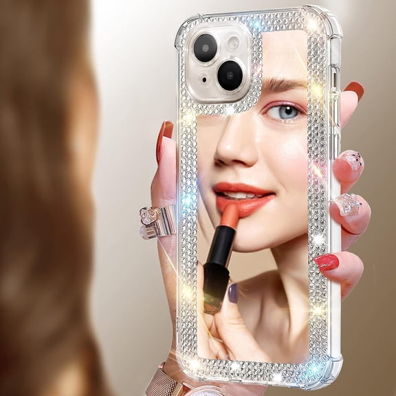 Bling Mirror Case Compatible with iPhone 15 Shockproof,Sparkle Rhinestone Glitter Crystal Diamond Phone Case with Camera Lens Protector,Airbag Anti-Fall Drop Protection Cover for Women Girl