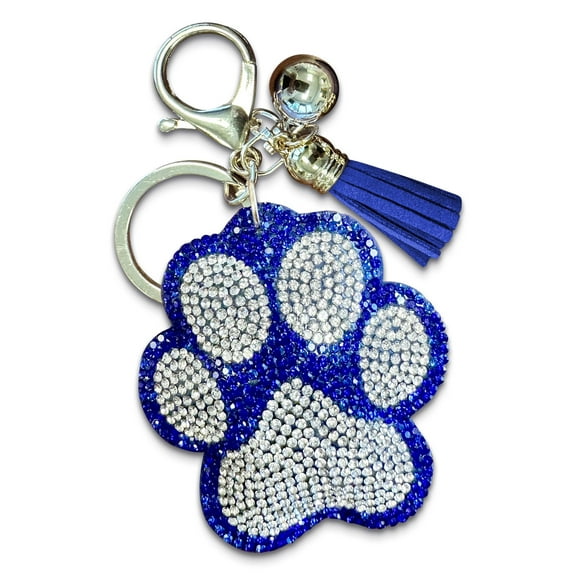 Bling Paw Print Keychain Blue and Silver Rhinestone Charm Bag Clip for Women, Kids, Backpacks, Handbags Durable Lightweight Tiger Paw Perfect Game Day Accessory