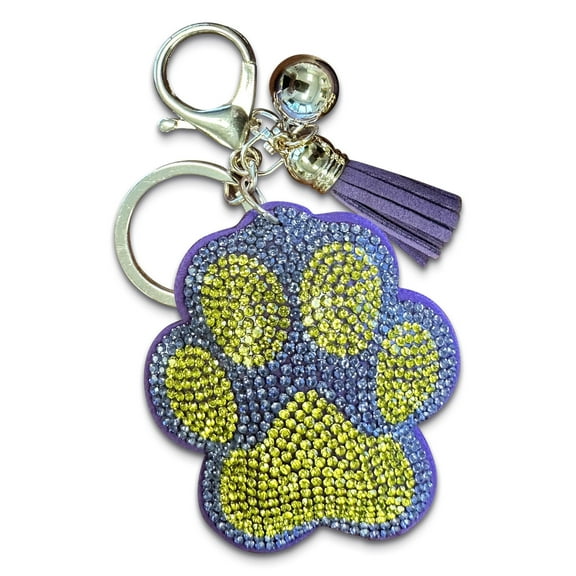 Bling Paw Print Keychain Purple and Gold Rhinestone Charm Bag Clip for Women, Kids, Backpacks, Handbags Durable Lightweight Tiger Paw Perfect Game Day Accessory