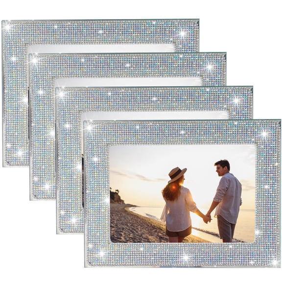 Bling Picture Frame Bling Desk Accessories for Women Office Diamond Picture Frame Silver Sparkle Rhinestone Photo Frame 5x7 Picture Frame Bling-4 PCS