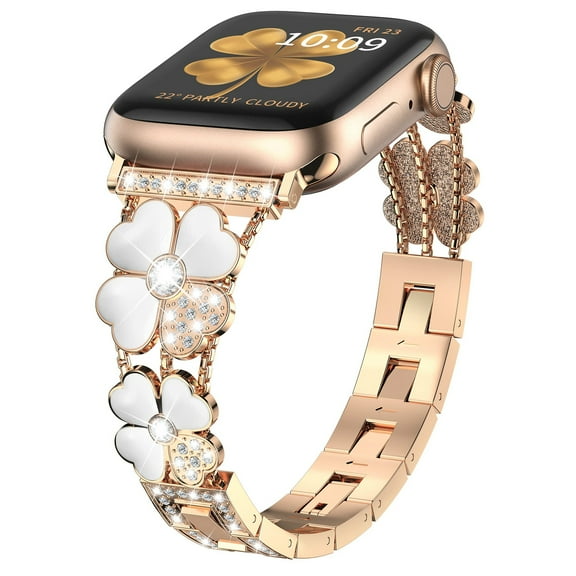 Bling Plating Bands Women Compatible with Apple Watch 40mm 41mm 38mm, Diamond Metal Strap, Dressy Rhinestone Sparkle Replacement for iWatch Bands Series SE/9/8/7/6/5/4/3/2/1, Rosegold+White