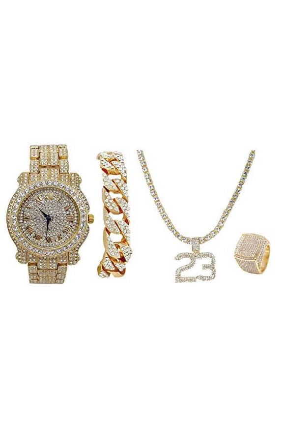 Bling Bling Plug Hip Hop Pendant - Iced Look Luxury Watch Covered with Crystal Clear Rhinestones - Iced Cuban Bracelet and Bling Ring Gift Set - Shine Like a Celebrity (9, Gold L0504 Lucky23 4pc Set)