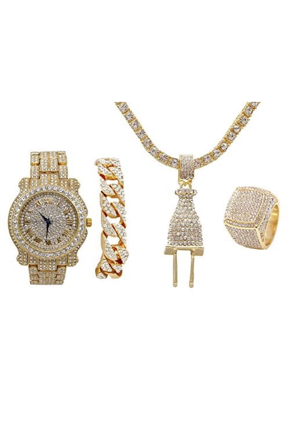 Bling Bling Plug Hip Hop Pendant - Iced Look Luxury Watch Covered with Crystal Clear Rhinestones - Iced Cuban Bracelet and Bling Ring Gift Set - Shine Like a Celebrity (9, Gold)