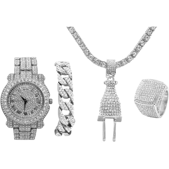 Bling Bling Plug Hip Hop Pendant - Iced Look Luxury Watch Covered with Crystal Clear Rhinestones - Iced Cuban Bracelet and Bling Ring Gift Set - Shine like a Celebrity - L0504