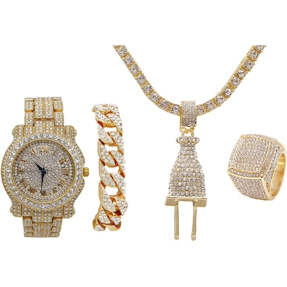 Bling Bling Plug Hip Hop Pendant - Iced Look Luxury Watch Covered with Crystal Clear Rhinestones - Iced Cuban Bracelet and Bling Ring Gift Set - Shine like a Celebrity