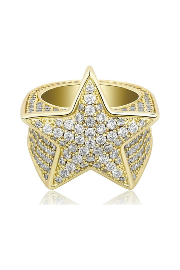 Bling Punky Rapper Luxury Fashion Star Rings for Men 14K Gold Plated Shiny Big Iced out Hip Hop Cubic Zirconia Men Engagement Rings