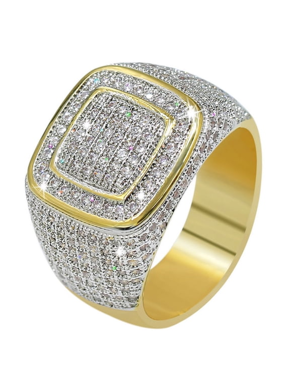 Bling Punky Rapper Luxury Trendy Rings for Men 14K Gold Plated Shiny Men Iced out Hip Hop Cubic Zirconia Engagement Rings