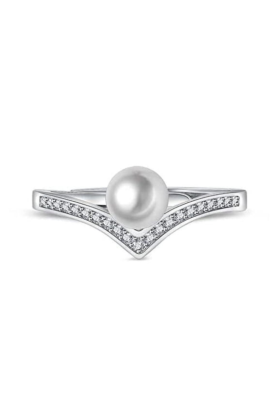 Women's Faux Pearl Wishbone Luck Ring Studded With Cubic Zirconia, Dainty Rings For Women, Elegant Rings For Women, V Shaped Ring Band, Curved Ring Band, Trendy Ring Jewellery(Silver)