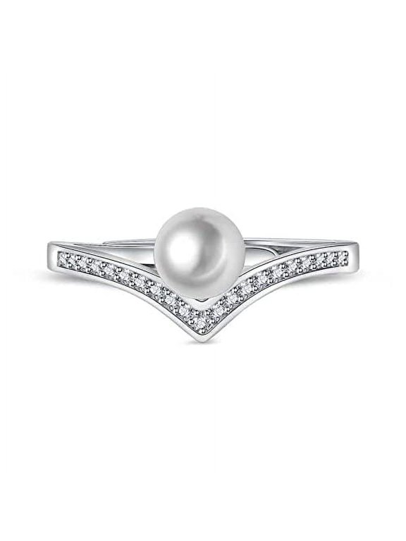 Women's Faux Pearl Wishbone Luck Ring Studded With Cubic Zirconia, Dainty Rings For Women, Elegant Rings For Women, V Shaped Ring Band, Curved Ring Band, Trendy Ring Jewellery(Silver)