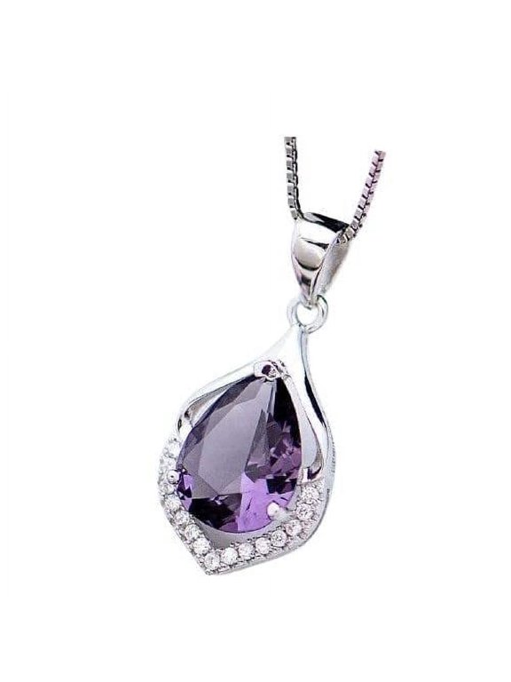 Women's Silver Plated Water Drop Amethyst Pendant With Inlaid Zirconia Necklace, Stylish Neck Piece For Women, Fancy Chains With Leaf Drop Pendant, Clavicle Chain For Women Trendy(Silver)