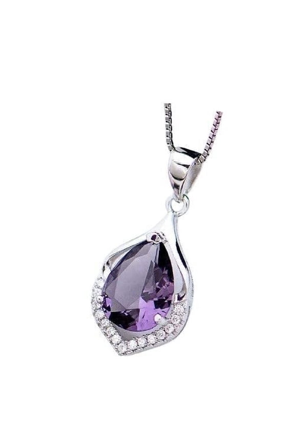 Women's Silver Plated Water Drop Amethyst Pendant With Inlaid Zirconia Necklace, Stylish Neck Piece For Women, Fancy Chains With Leaf Drop Pendant, Clavicle Chain For Women Trendy(Silver)
