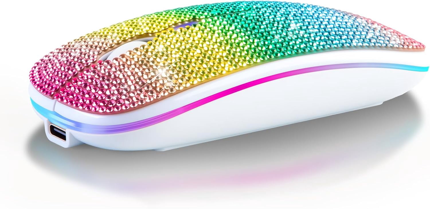 Bling Rhinestone Bluetooth Mouse, 2.4G Rechargeable Wireless Slim Mouse with USB Receiver, Sparkling Glitter Mouse for PC Laptop MacBook, Gift for Women