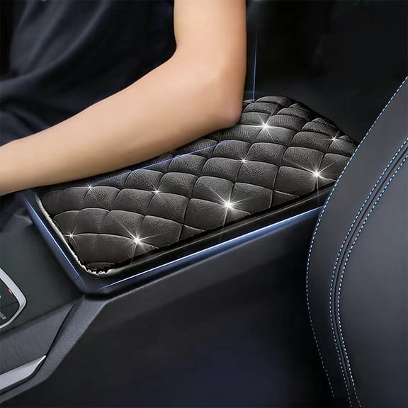 Bling Rhinestone Car Armrest Cushion, Universal Center Console Cover Pad, Soft PU Leather Auto Arm Rest Box Protector for Women