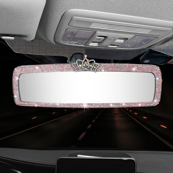 Bling Rhinestone Car Rear View Mirror, HD Wide Angle Interior Rearview Mirror with Crown Decor