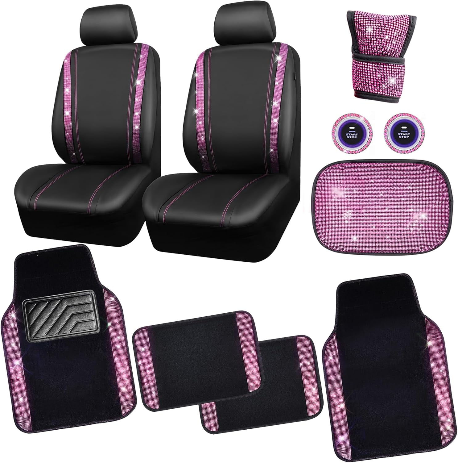 Bling Rhinestone Car Seat Covers Leather Shining Diamond Car Floor Mats Carpet with Anti-Slip Nibs Bling Diamonds Car Accessories Sets Pink Glitter Crystal Diamond Combo Set