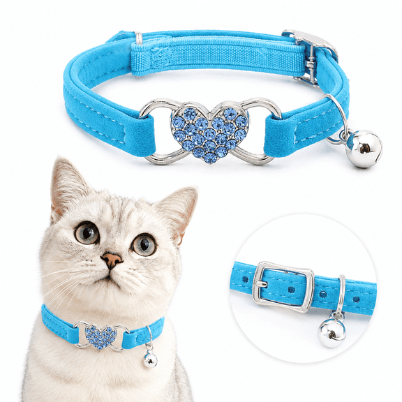 Bling Rhinestone Cat Collar, Adjustable Velvet Kitten Collar with Bell, Cute Heart Charm Pet Necklace, 7 Colors