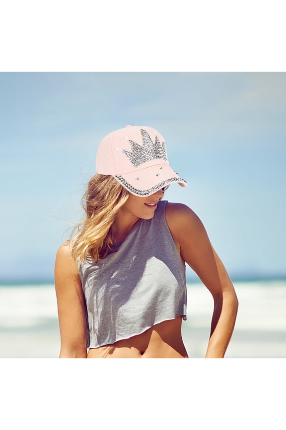 Bling Rhinestone Crown Baseball Cap Adjustable Sparkly Sun Hat for Women Daily Use and Summer Parties Beige