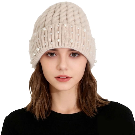 Bling Rhinestone Double Layer Knit Beanie Hats for Women Girls Warm Lined Winter Hat Thick Skull Cap,Beige