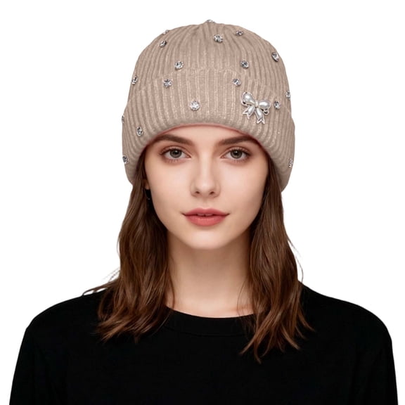 Bling Rhinestone Double Layer Knit Beanie Hats for Women Girls Warm Lined Winter Hat Thick Skull Cap,Beige