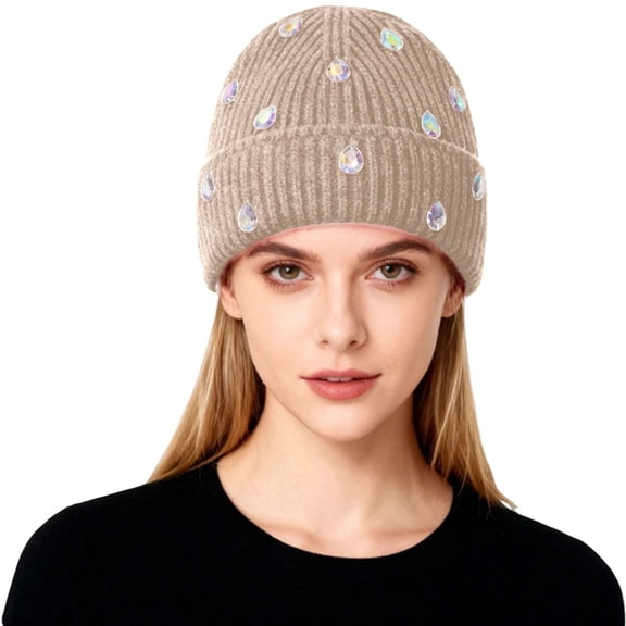Bling Rhinestone Double Layer Knit Beanie Hats for Women Girls Warm Lined Winter Hat Thick Skull Cap,Beige