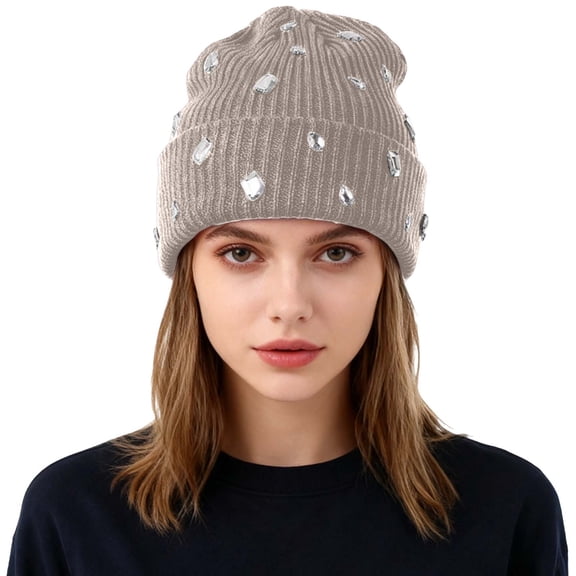 Bling Rhinestone Double Layer Knit Beanie Hats for Women Girls Warm Lined Winter Hat Thick Skull Cap,Beige