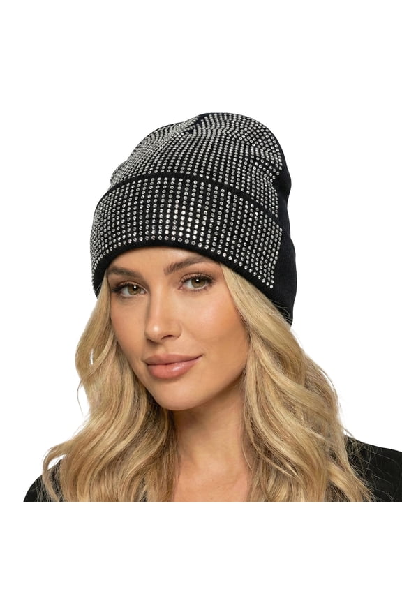 Bling Rhinestone Double Layer Knit Beanie Hats for Women Girls Warm Lined Winter Hat Thick Skull Cap,Black