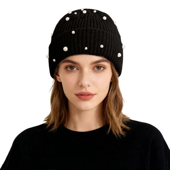 Bling Rhinestone Double Layer Knit Beanie Hats for Women Girls Warm Lined Winter Hat Thick Skull Cap,Black