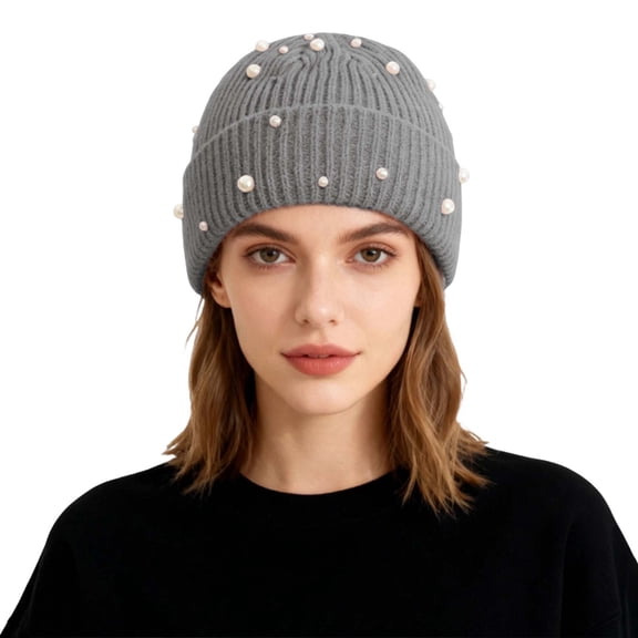 Bling Rhinestone Double Layer Knit Beanie Hats for Women Girls Warm Lined Winter Hat Thick Skull Cap,Grey