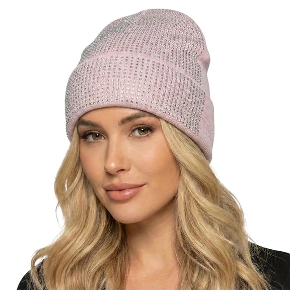 Bling Rhinestone Double Layer Knit Beanie Hats for Women Girls Warm Lined Winter Hat Thick Skull Cap,Pink