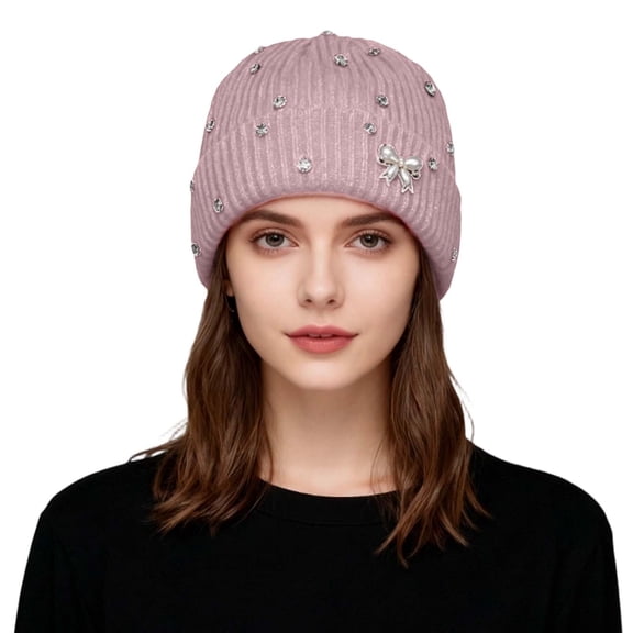 Bling Rhinestone Double Layer Knit Beanie Hats for Women Girls Warm Lined Winter Hat Thick Skull Cap,Pink