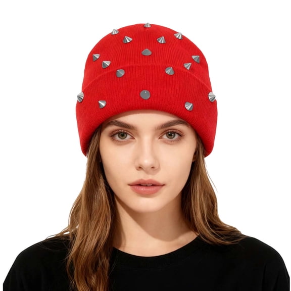 Bling Rhinestone Double Layer Knit Beanie Hats for Women Girls Warm Lined Winter Hat Thick Skull Cap,Red