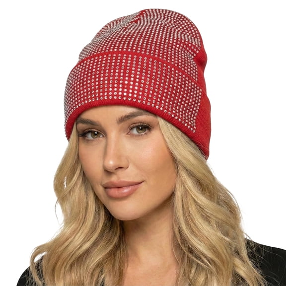 Bling Rhinestone Double Layer Knit Beanie Hats for Women Girls Warm Lined Winter Hat Thick Skull Cap,Red