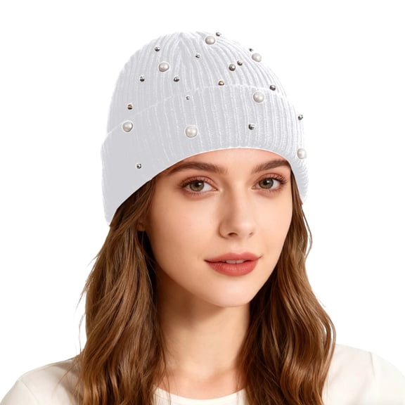 Bling Rhinestone Double Layer Knit Beanie Hats for Women Girls Warm Lined Winter Hat Thick Skull Cap,White