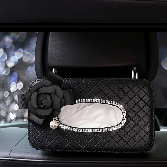 Bling Rhinestone Flower Car Tissue Box, Hanging Auto Napkin Holder, Universal Car Headrest Backseat Tissue Organizer, Crystal Car Interior Decor Accessories for Women