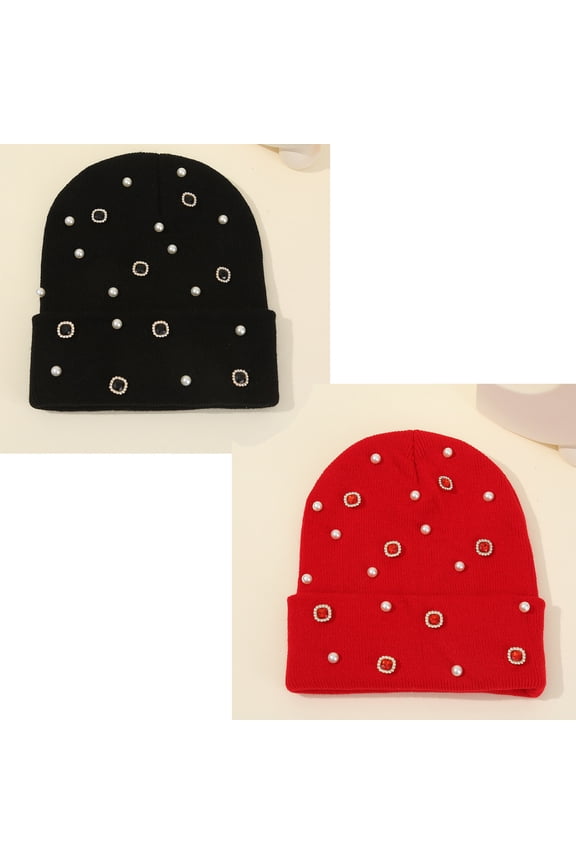 Bling Rhinestone Knit Beanie Hats for Women Girls Warm Winter Hat Thick Cuffed Skull Cap 2Pcs