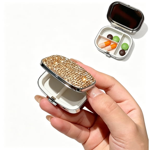 Bling Rhinestone Metal Pill Organizer, Double Layer Crush Proof Portable Travel Pill Case, Small Pocket Hard Medicine Container for Vitamins Supplements Medication