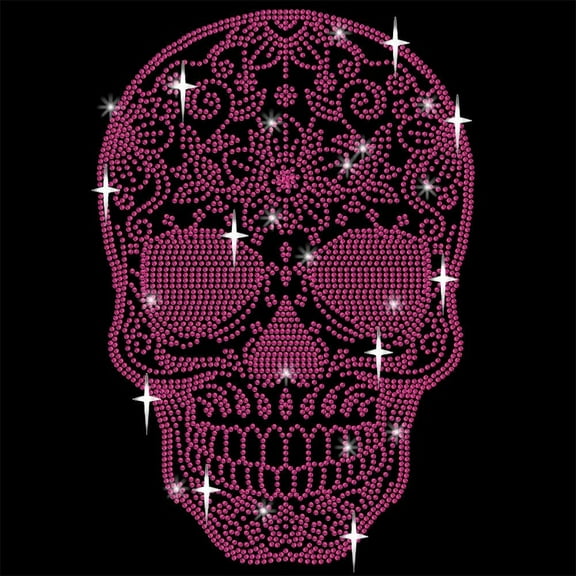 Bling Rhinestone Pink Skull Sticker Iron on Appliques Gemstone Border Sticker Glass Hotfix Rhinestone for Art Craft Clothing Car Window 11.69x8.27 Inch
